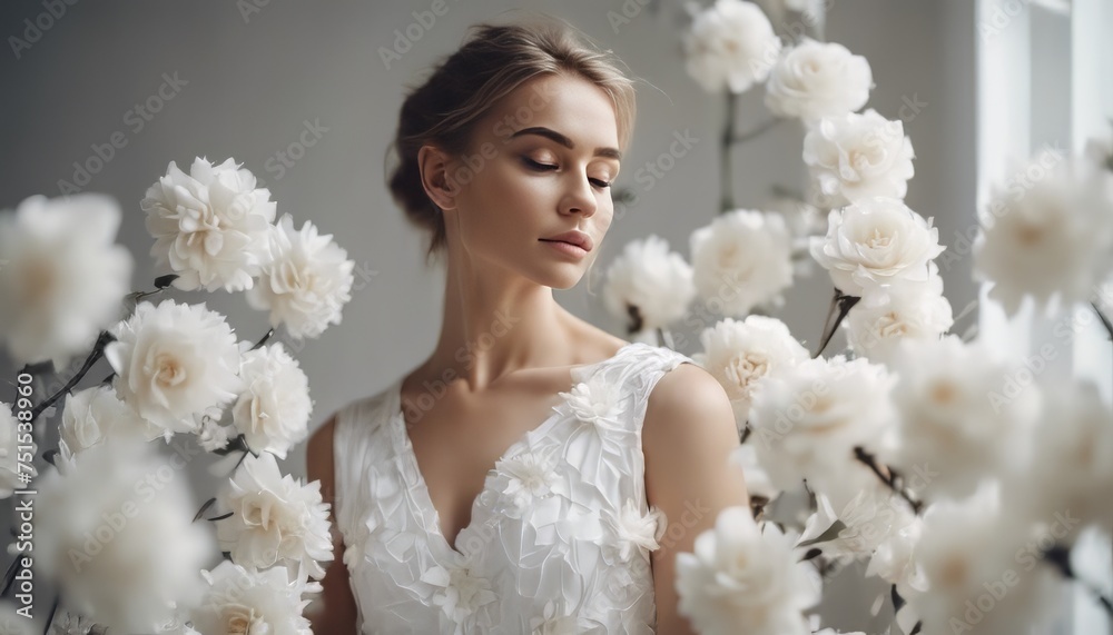 Beautiful tender woman in white dress posing by the background of white paper flowers Beautiful tender woman in white dress posing by the background of white paper flowers