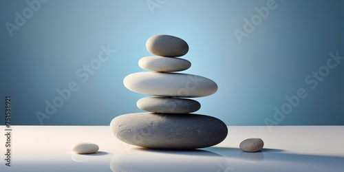 Three perfectly balanced stones in a zen-like composition with a smooth shadow on a minimalist background