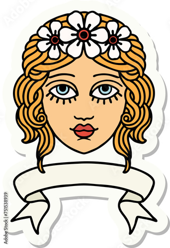 tattoo sticker with banner of female face with crown of flowers