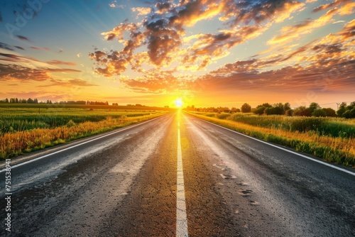 Sunrise Road, Summer Sunny Highway, Journey Landscape, Way to Sunlight Horizon, Copy Space