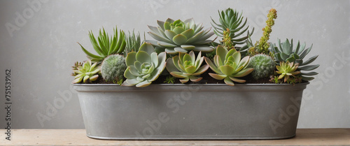 Bunch / group of succulents potted in a grey vintage French zinc pot, isolated, flat lay / top view photo