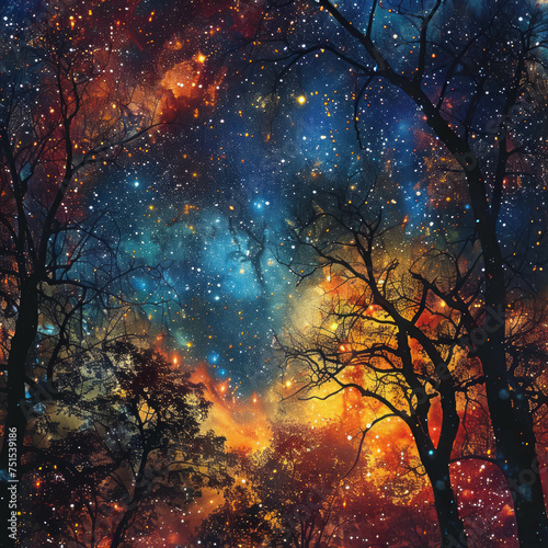 A colorful night sky with stars and a forest in the background