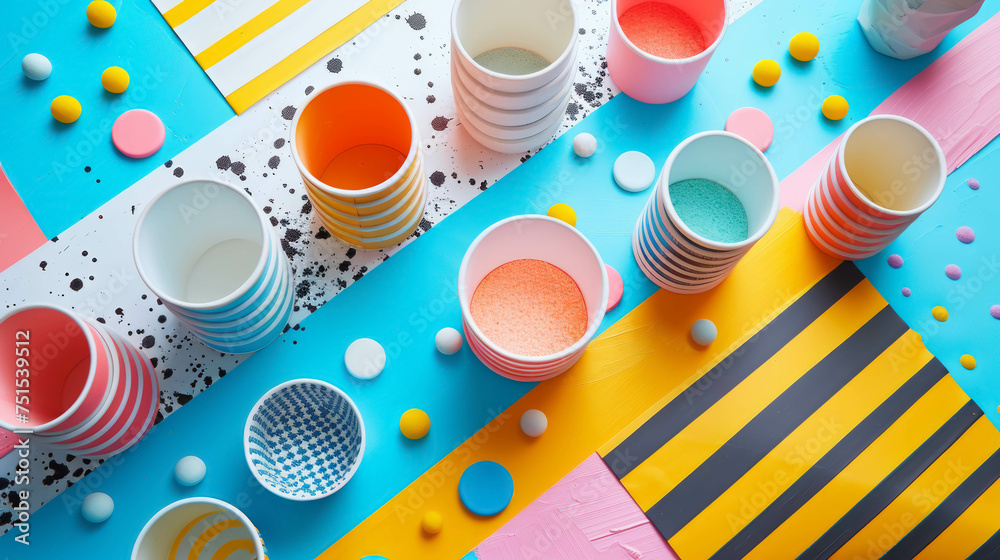 A colorful array of cups and bowls on a table - obrazy, fototapety, plakaty 
