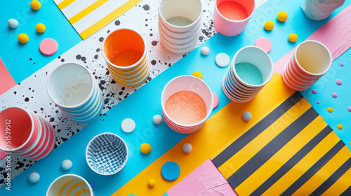 A colorful array of cups and bowls on a table