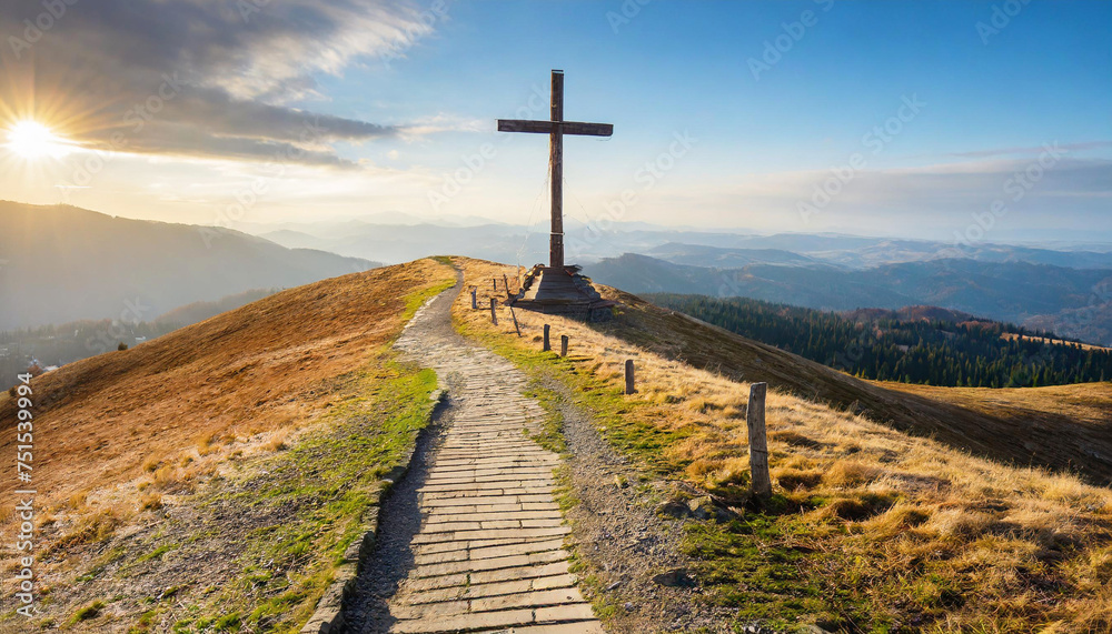 Big wooden cross standing on hiking trail summit on top of mountain peak. Religion concept in rolling hills mountain landscape. ai generated. Big wooden cross standing on hiking trail summit on top of mountain peak. Religion concept in rolling hills mountain landscape. ai generated.