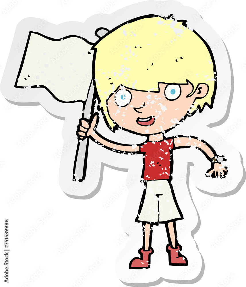 retro distressed sticker of a cartoon boy with flag retro distressed sticker of a cartoon boy with flag