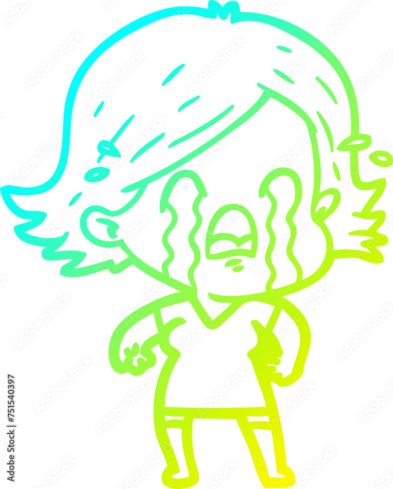 cold gradient line drawing cartoon woman crying