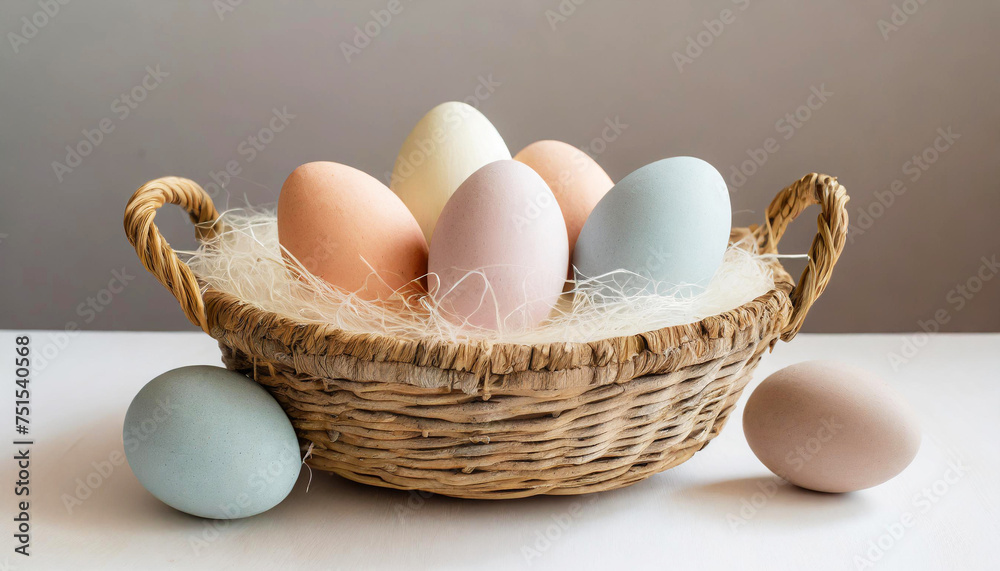 Colorful dyed Easter eggs in woven wick basket. Pastel painted hard-boiled eggs for holiday Easter breakfast brunch or lunch with cute decorations for spring. Minimalistic Easter concept. Colorful dyed Easter eggs in woven wick basket. Pastel painted hard-boiled eggs for holiday Easter breakfast brunch or lunch with cute decorations for spring. Minimalistic Easter concept.