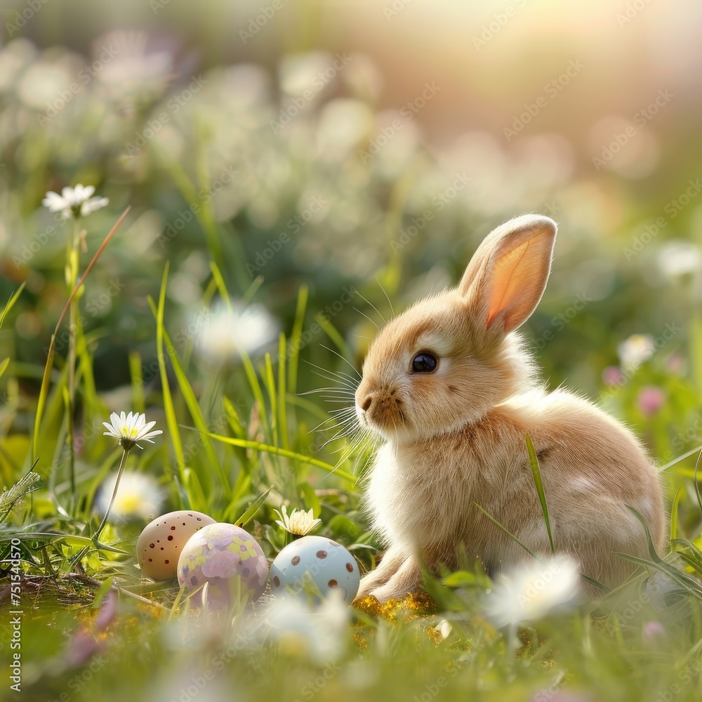 Fototapeta premium Cute Rabbit, Bunnies and Easter Eggs on Spring Meadow, April Celebration Background, Easter Card