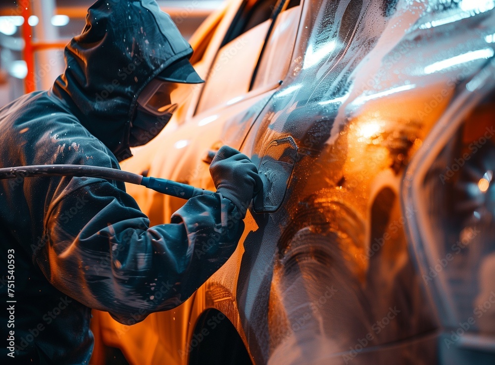 Close up photo of a man hands washes his car. Cleaning and disinfection. Security measures during the epidemic
