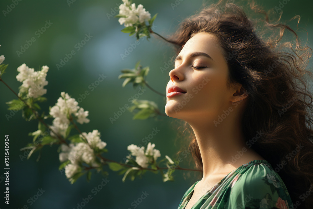 Naklejka premium Creative Generative AI technology picture of happy people surrounded by spring blossom enjoying great day