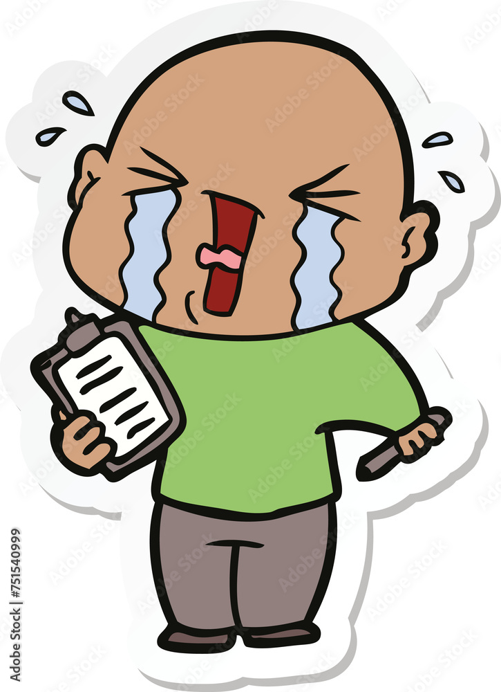 sticker of a cartoon crying man with clipboard sticker of a cartoon crying man with clipboard