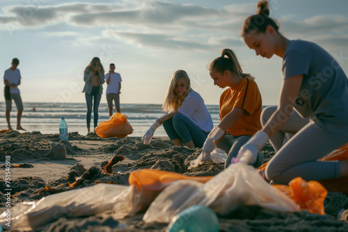 A group of volunteers collecting garbage on the beach to clean up the ocean © kanurism