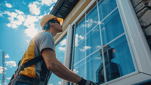 Wallpaper Mural Worker installing a window at house. Generative AI. Torontodigital.ca