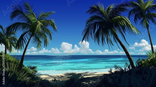 Palms swaying in the breeze, their silhouettes contrasting against the clear, deep blue sky of a tropical paradise.