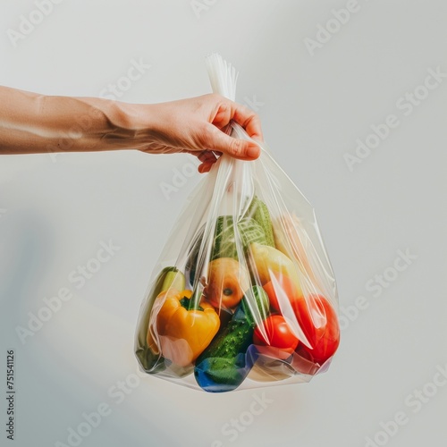 Hand holding a plastic bag filled with fresh vegetables, emphasizing the importance of sustainable packaging