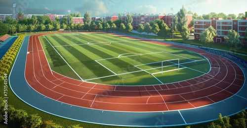 Sports school with running track, seats for spectators, football field. Aerial high view. Generative AI.