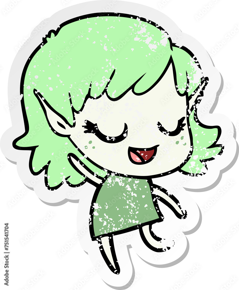 Obraz premium distressed sticker of a happy cartoon elf girl