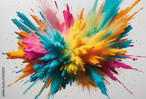 colorful powder explosion, pink blue yellow and orange very bright colours burst photo