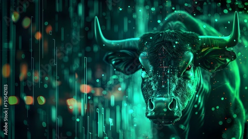 Bull in front of a stock chart. Bull market, financial and business concept photo