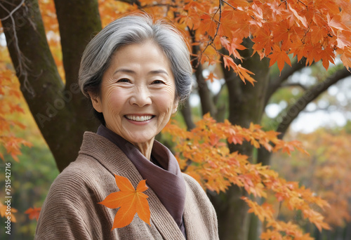 Japanese senior woman with autumn leaves and a smile