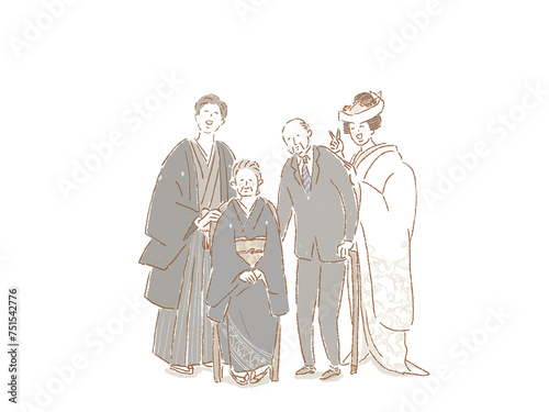白無垢（角隠し）の花嫁と紋付袴姿の新郎新婦、杖を持った祖父と椅子に座った黒留袖の祖母、結婚式