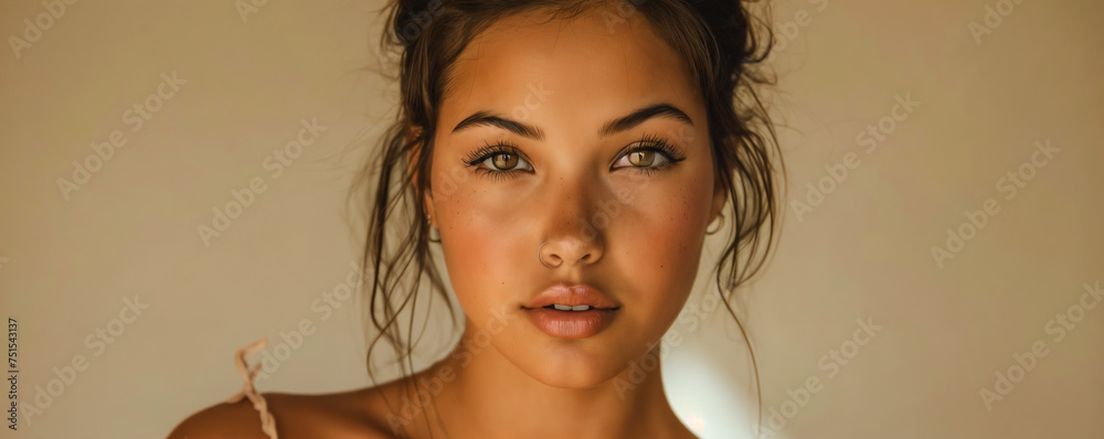 A captivating girl with impeccable makeup, embodying concepts of youth and skincare. attractive brunette girl against a beige background. - obrazy, fototapety, plakaty 