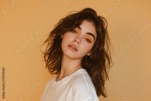A captivating girl with impeccable makeup, embodying concepts of youth and skincare. attractive brunette girl against a beige background.