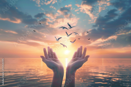 Woman's hand with flying seagulls and a sunset sky background. © kanurism