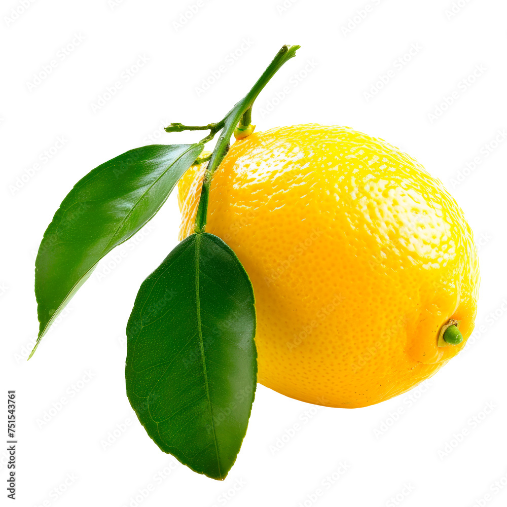 A yellow lemon is sitting on a leaf Isolated on transparent background, PNG
