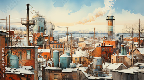 Against a cloudy sky, intricately detailed industrial rooftops with numerous chimneys emitting smoke are depicted in a watercolor painting.