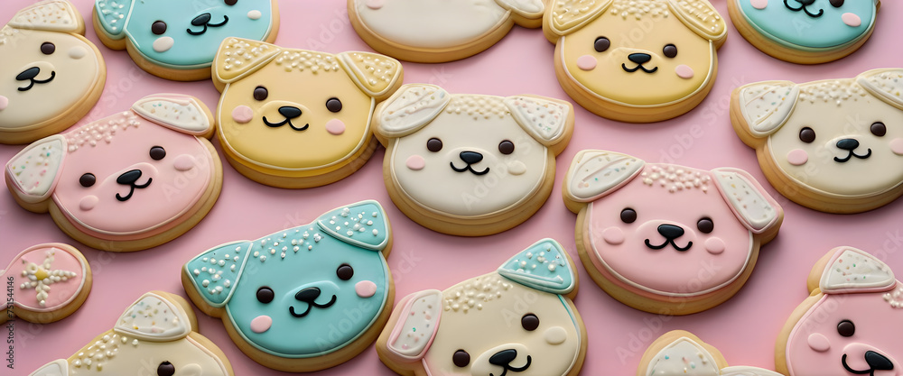 Colorful cookies shaped like cute dog faces. Animal face cookies. Decorated with chocolate and icing. Colorful cookies shaped like cute dog faces. Animal face cookies. Decorated with chocolate and icing.
