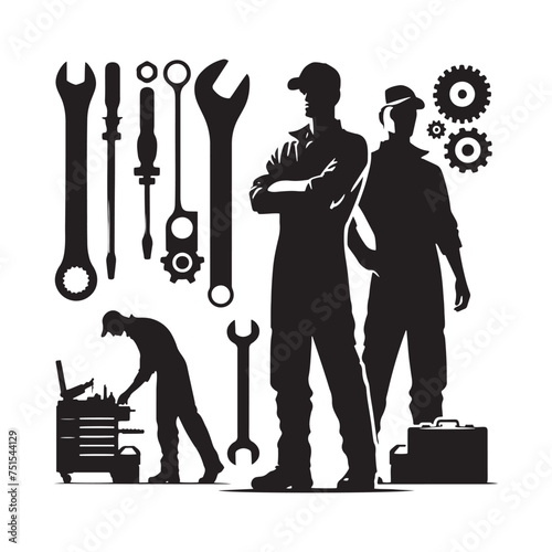 Automotive Artisan: Vector Mechanic Silhouette - Crafting Precision and Performance with Expertise and Skillful Proficiency. Vector Mechanic Illustration.