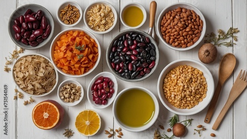 Winter vegetarian, vegan food cooking ingredients. A flat lay of vegetables, fruit, beans, cereals, kitchen utensils, dried flowers, and olive oil over a white wooden background, top view.