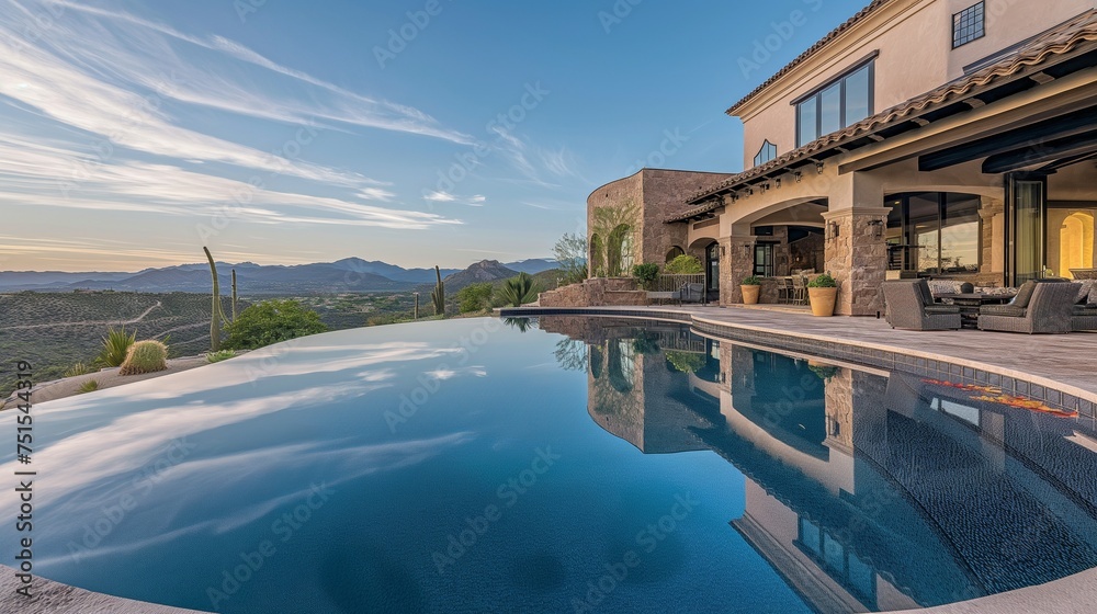 Panoramic perfection in a breathtaking image of a lavish pool, where vanishing edges meet a stunning backdrop of upscale landscaping