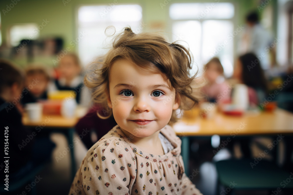 Happy school children in dinner place highschool canteen lunch break Generative AI picture