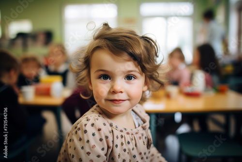 Happy school children in dinner place highschool canteen lunch break Generative AI picture