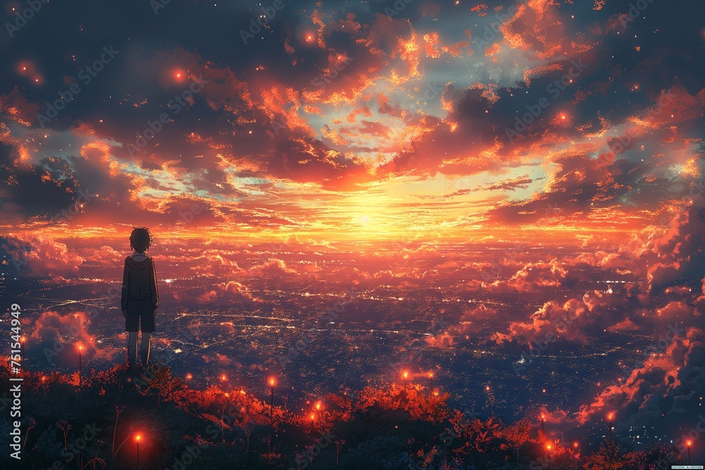 An anime girl observes the city as the sun sets, while a delightful woman appreciates the cityscape beneath the nighttime sky - obrazy, fototapety, plakaty 
