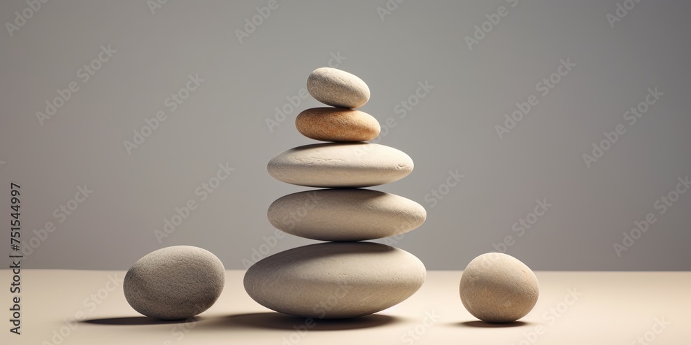 Three perfectly balanced stones in a zen-like composition with a smooth shadow on a minimalist background Three perfectly balanced stones in a zen-like composition with a smooth shadow on a minimalist background