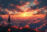 An anime girl observes the city as the sun sets, while a delightful woman appreciates the cityscape beneath the nighttime sky