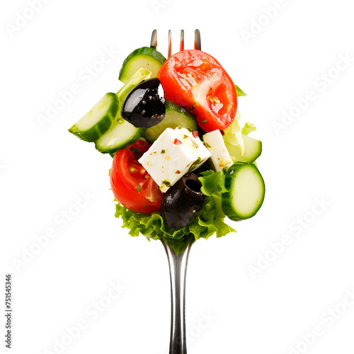 A forkful of salad with a variety of vegetables including tomatoes, cucumbers Isolated on transparent background, PNG