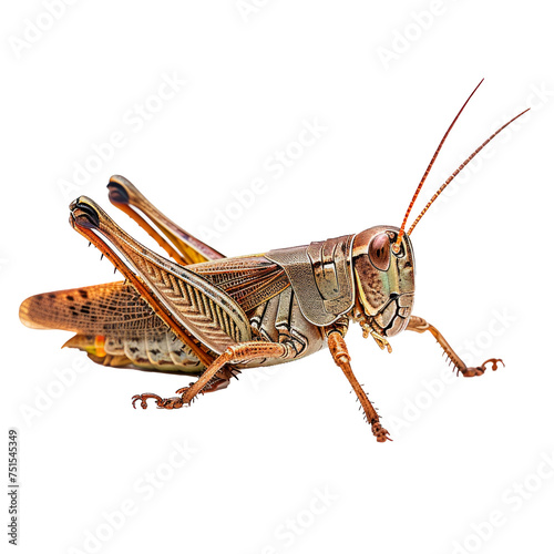 A green and orange grasshopper is standing. Isolated on transparent background, PNG