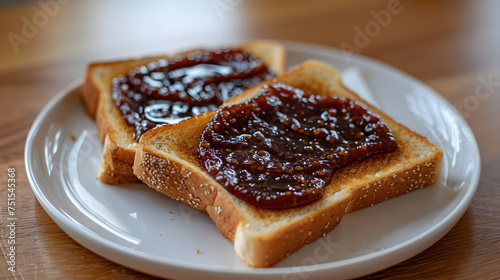 Slices of toast with jam on a white plate