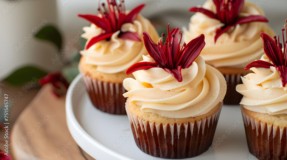 Gourmet vanilla cupcakes with red flower garnish Gourmet vanilla cupcakes with red flower garnish