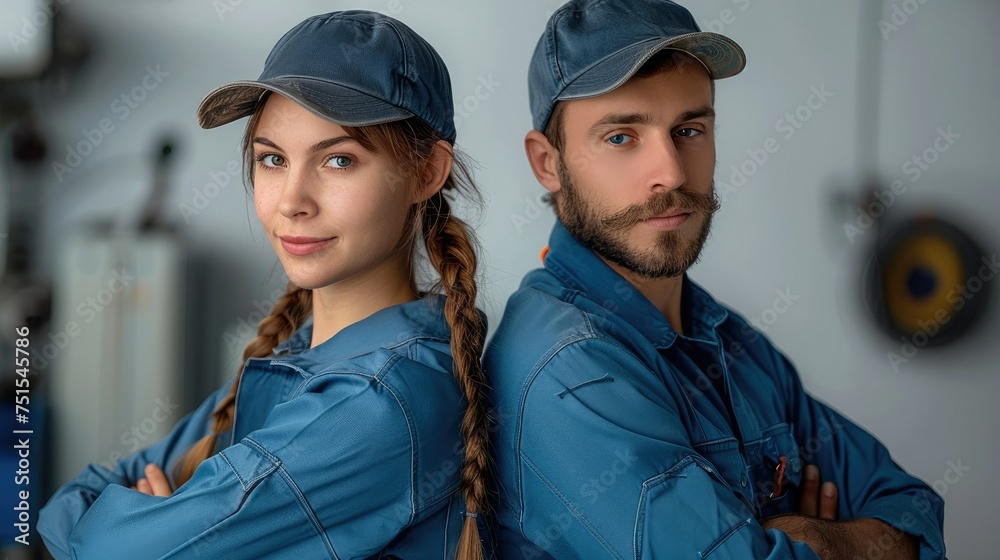 Man and woman Plumber team standing near to each other back to back isolated on white background. Generative AI. Man and woman Plumber team standing near to each other back to back isolated on white background. Generative AI.