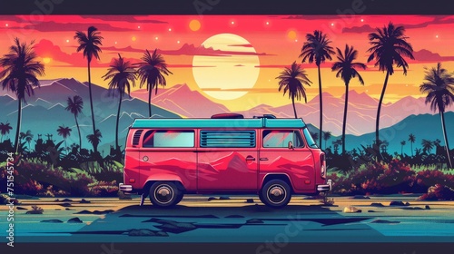 A red van is parked in front of a palm tree