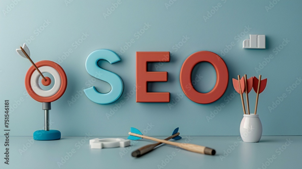 arrows and a target. The word is SEO, which stands for Search Engine Optimization. The image has a playful and creative vibe, with the use of arrows arrows and a target. The word is SEO, which stands for Search Engine Optimization. The image has a playful and creative vibe, with the use of arrows