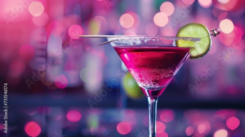 Cosmopolitan cocktail on night club background. Glass of alcoholic drink photo