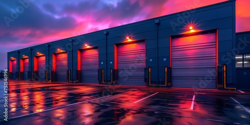 Row of modern warehouse roller doors at twilight © photolas