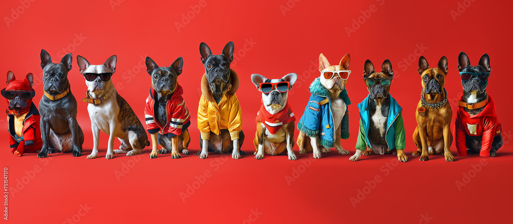 Fototapeta premium Group of dogs in red winter jackets and sunglasses on a red background.